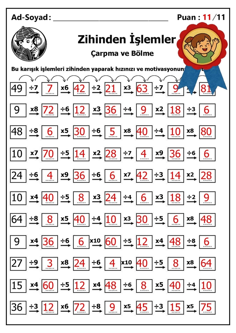 10 adet 3. ve 4.Sınıf Zihinden Karışık Çarpma ve Bölme İşlemleri-Hemen İndirilebilir