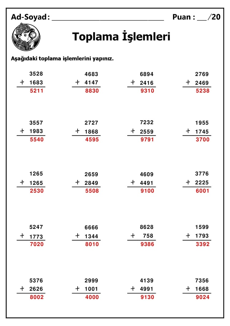 10 adet 4 Basamaklı Sayılarla Toplama İşlemleri - Cevap Anahtarlı-Hemen İndirilebilir