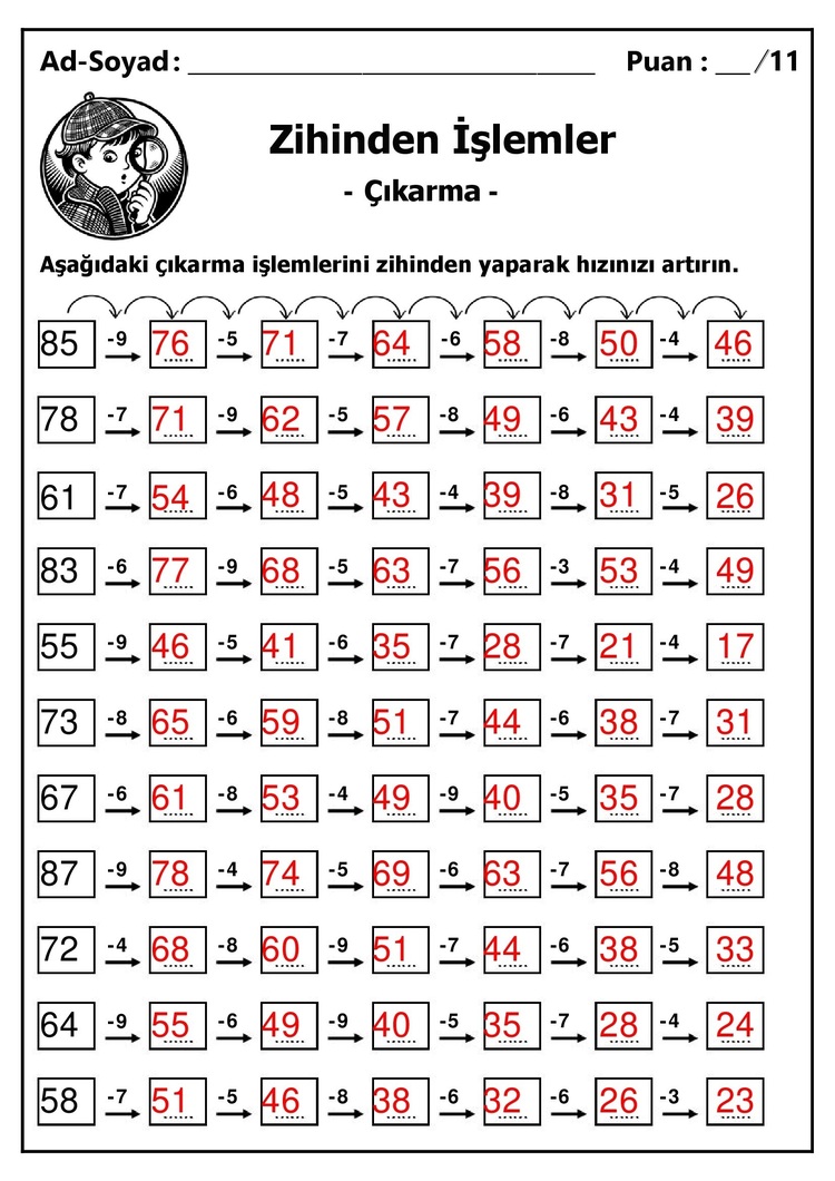 10 adet 2. ve 3. Sınıf Zihinden Çıkarma İşlemleri - Hemen İndirilebilir