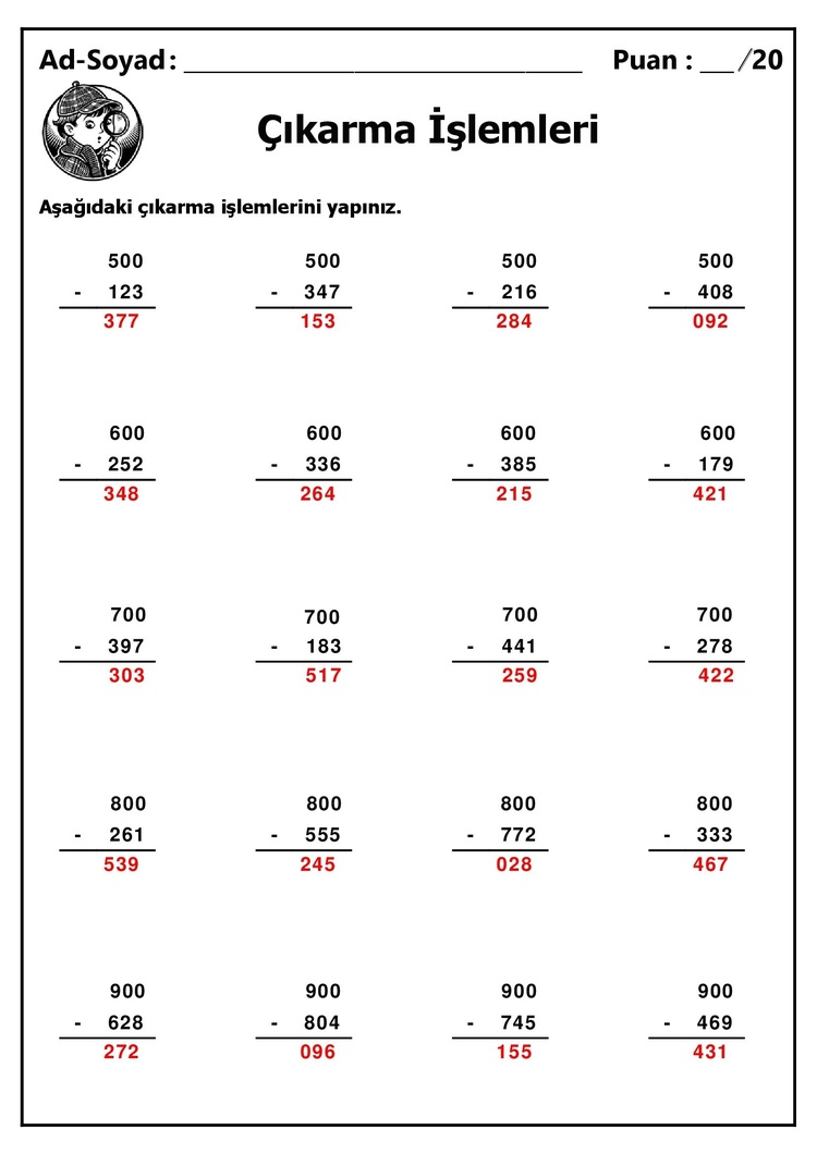 10 adet 3 Basamaklı Sayılarla Çıkarma İşlemleri - Cevap Anahtarlı-Hemen İndirilebilir