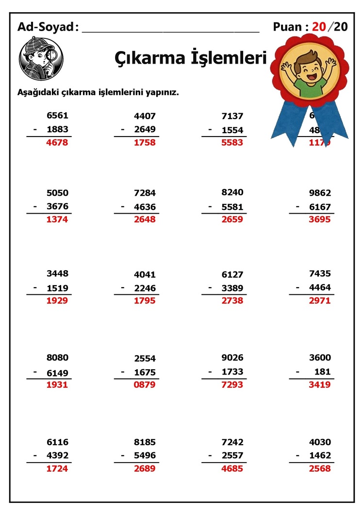 10 adet 4 Basamaklı Sayılarla Çıkarma İşlemleri - Cevap Anahtarlı-Hemen İndirilebilir