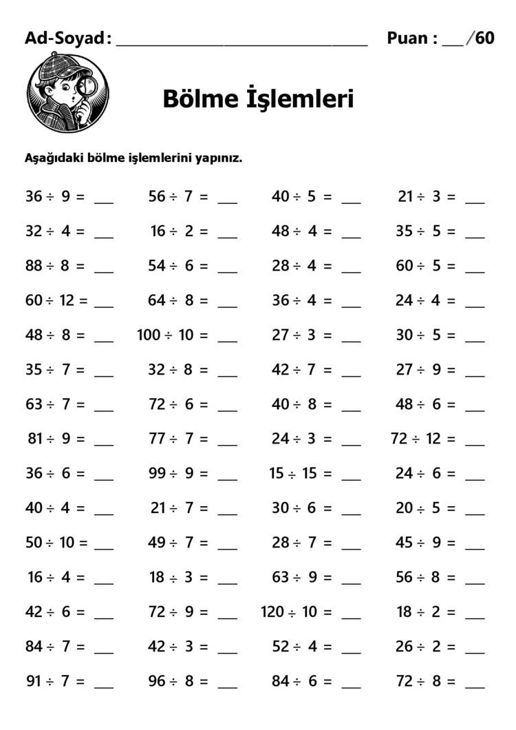 10 adet 2. ve 3.Sınıf Bölme İşlemleri-Hemen İndirilebilir-Cevap Anahtarlı