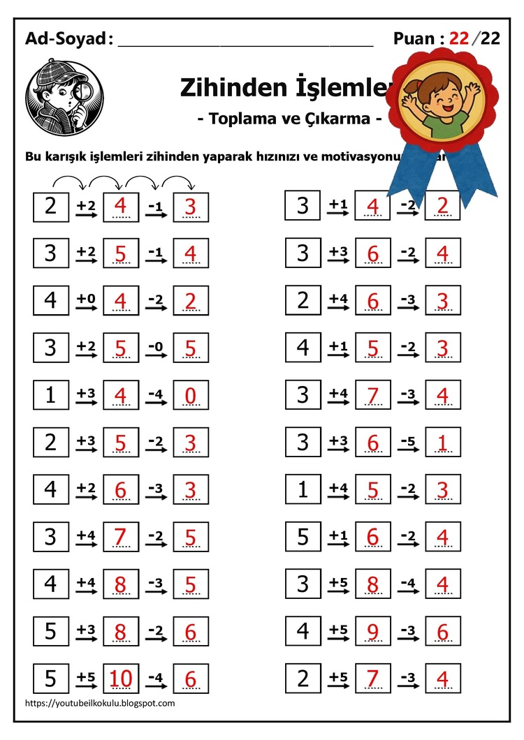 10 adet 1. ve 2. Sınıf Zihinden Toplama ve Çıkarma İşlemleri - Hemen İndirilebilir