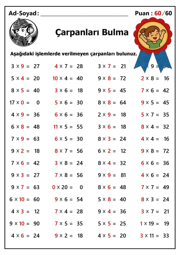 10 adet 2. ve 3.Sınıf Çarpanları Bulma İşlemleri-Hemen İndirilebilir