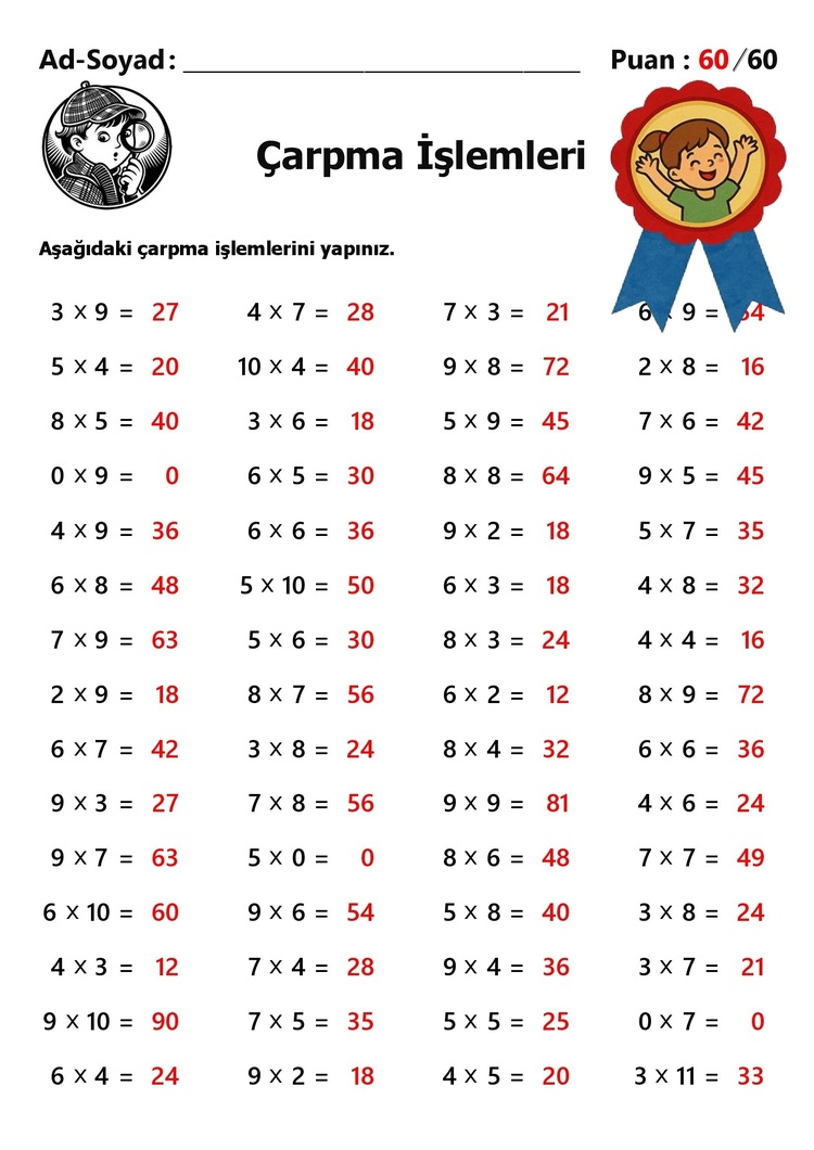 10 adet 2. ve 3.Sınıf Çarpma İşlemleri-Hemen İndirilebilir