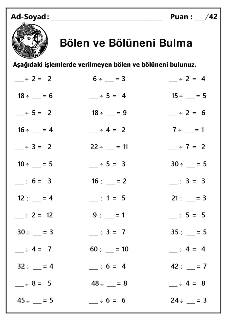 10 adet 2. ve 3.Sınıf Böleni ve Bölüneni Bulma İşlemleri-Hemen İndirilebilir