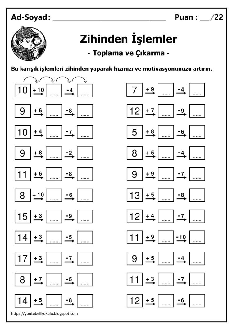 10 adet 1. ve 2. Sınıf Zihinden Toplama ve Çıkarma İşlemleri - Hemen İndirilebilir