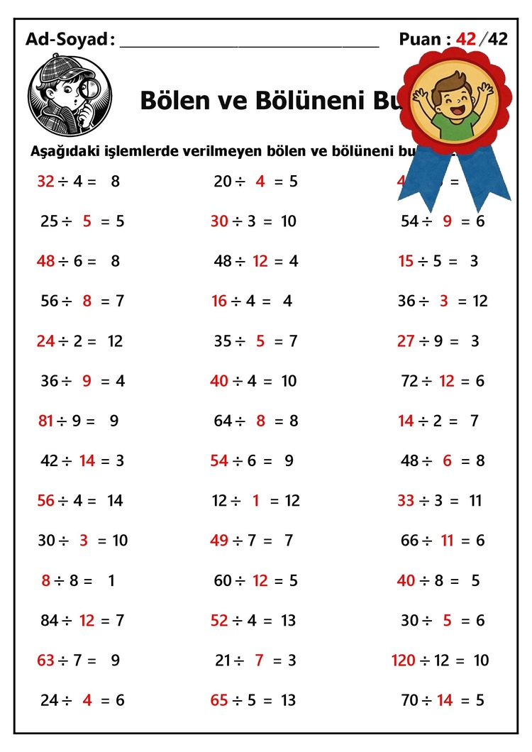 10 adet 2. ve 3.Sınıf Böleni ve Bölüneni Bulma İşlemleri-Hemen İndirilebilir