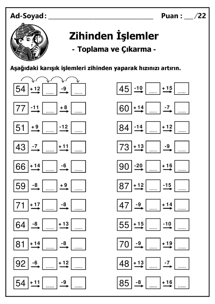 10 adet 1. ve 2. Sınıf Zihinden Toplama ve Çıkarma İşlemleri - Hemen İndirilebilir