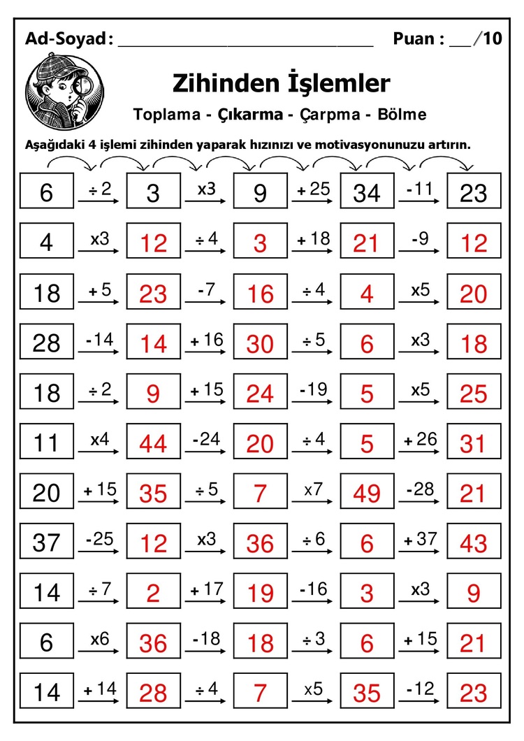 10 adet 3. ve 4. Sınıf Zihinden 4 İşlem Alıştırmaları - Hemen İndirilebilir