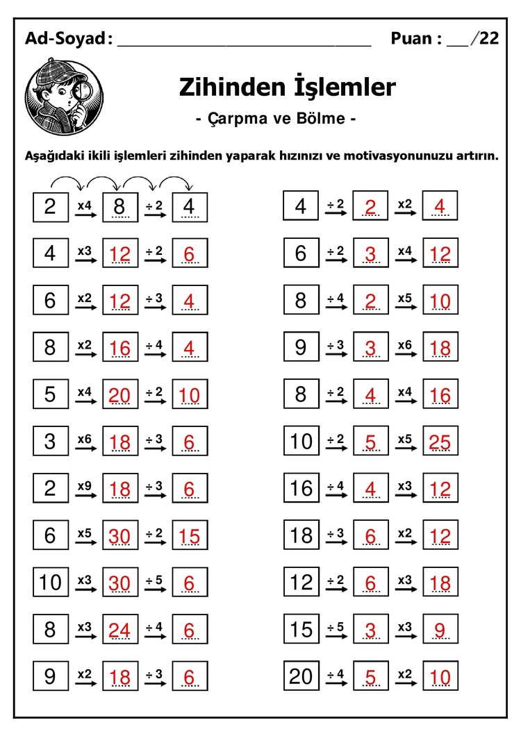 10 adet 3. ve 4. Sınıf Zihinden Çarpma ve Bölme İşlemleri - Hemen İndirilebilir