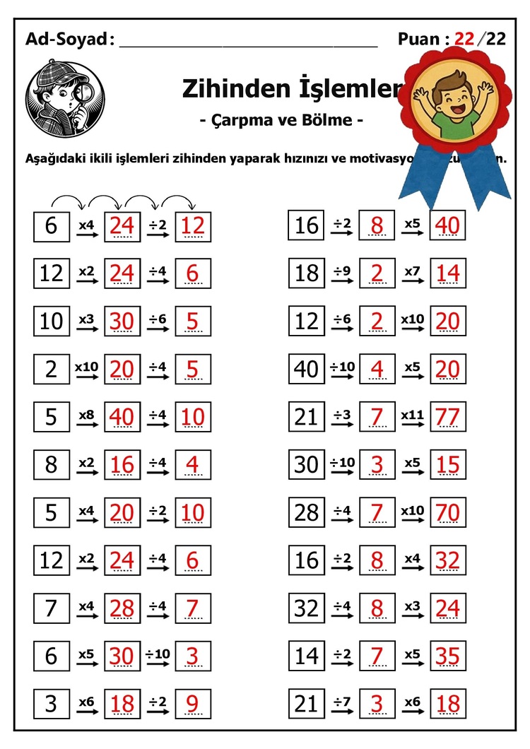 10 adet 3. ve 4. Sınıf Zihinden Çarpma ve Bölme İşlemleri - Hemen İndirilebilir