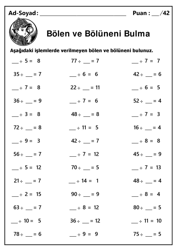 10 adet 2. ve 3.Sınıf Böleni ve Bölüneni Bulma İşlemleri-Hemen İndirilebilir