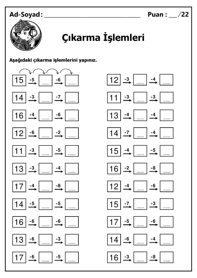 10 Adet 1. ve 2.Sınıf Sayılarla Zihinden Çıkarma İşlemleri - Hemen İndirilebilir