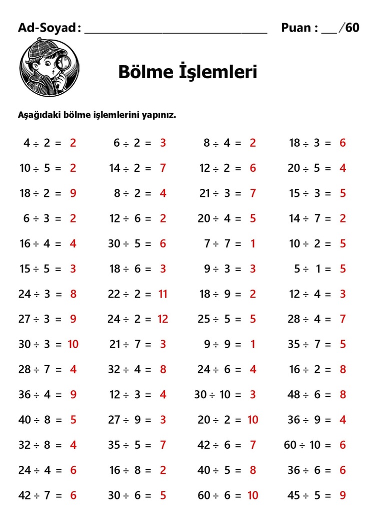 10 adet 2. ve 3.Sınıf Bölme İşlemleri-Hemen İndirilebilir-Cevap Anahtarlı