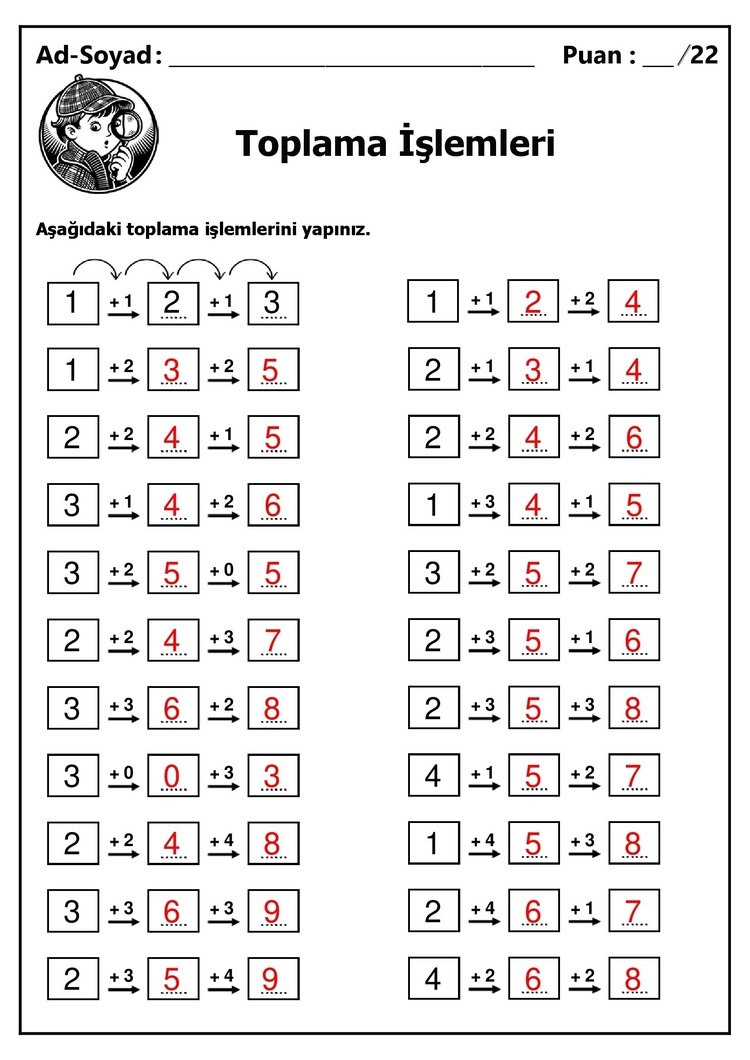 10 adet 1. ve 2.Sınıf Zihinden Toplama İşlemleri - Hemen İndirilebilir