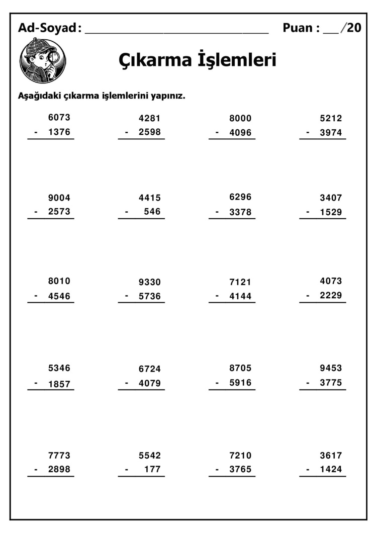 10 adet 4 Basamaklı Sayılarla Çıkarma İşlemleri - Cevap Anahtarlı-Hemen İndirilebilir