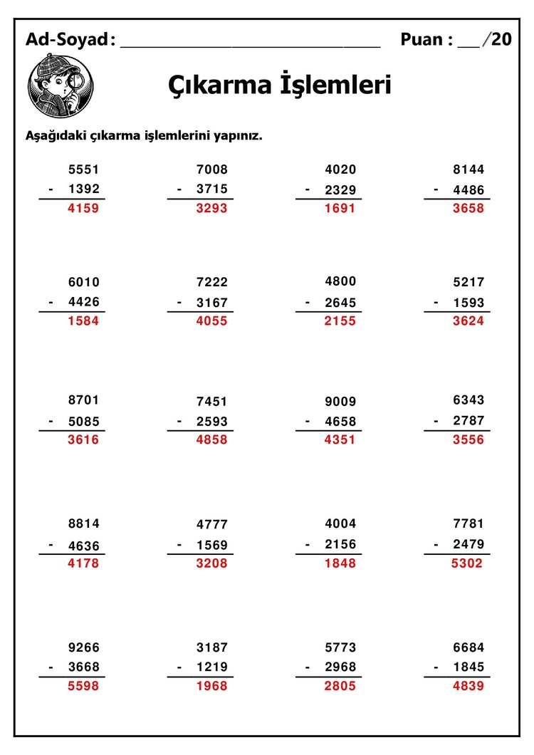 10 adet 4 Basamaklı Sayılarla Çıkarma İşlemleri - Cevap Anahtarlı-Hemen İndirilebilir