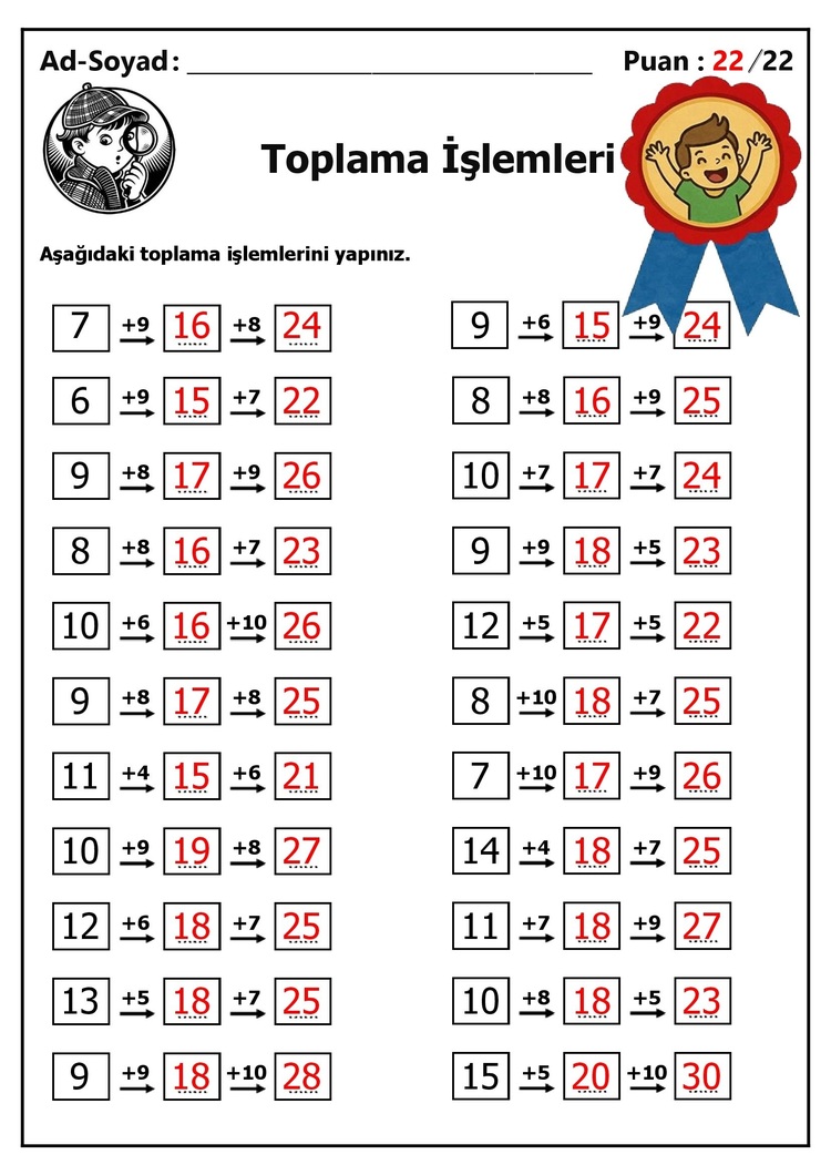 10 adet 1. ve 2.Sınıf Zihinden Toplama İşlemleri - Hemen İndirilebilir