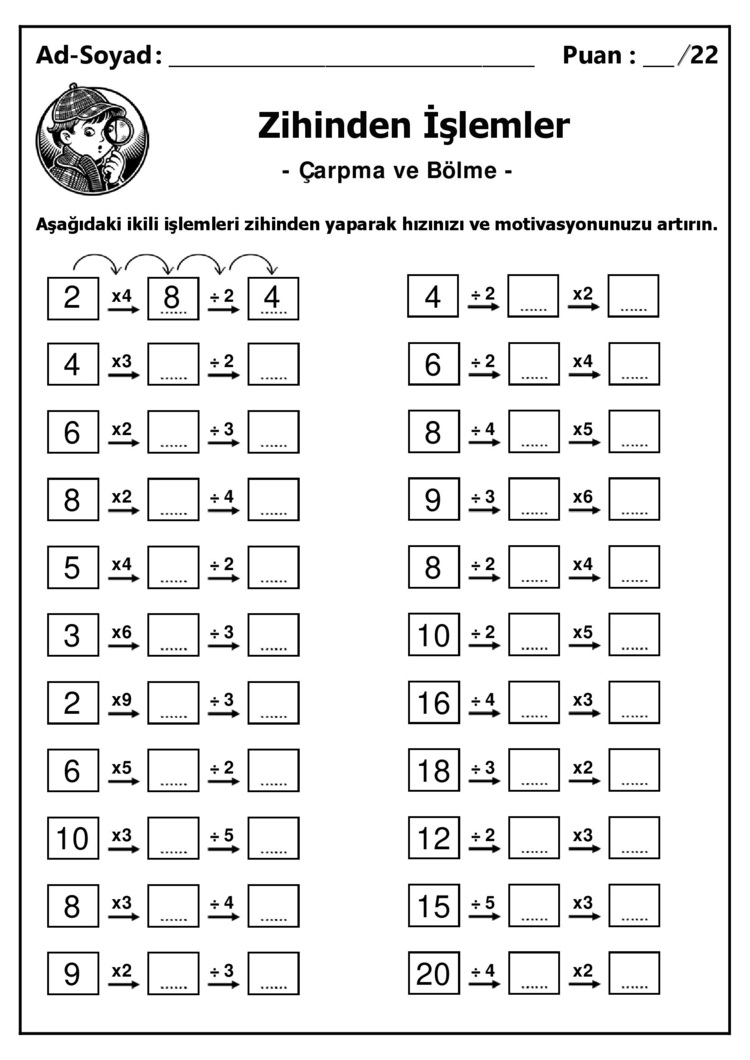 10 adet 3. ve 4. Sınıf Zihinden Çarpma ve Bölme İşlemleri - Hemen İndirilebilir