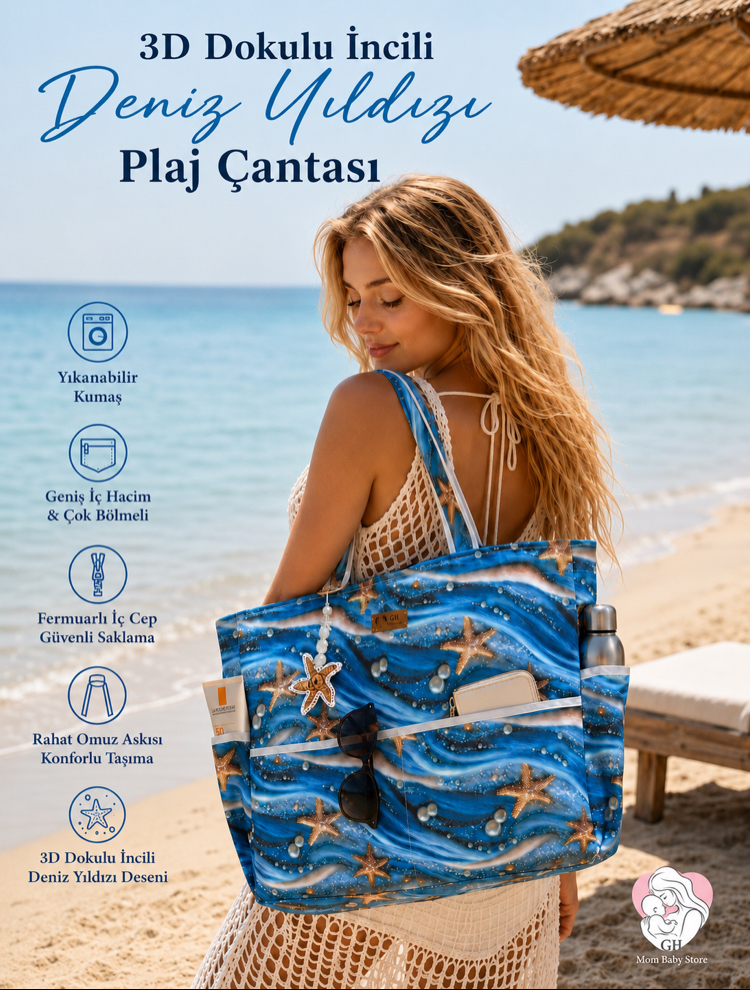 3D Dokulu İncili Deniz Yıldızı Plaj Çantası