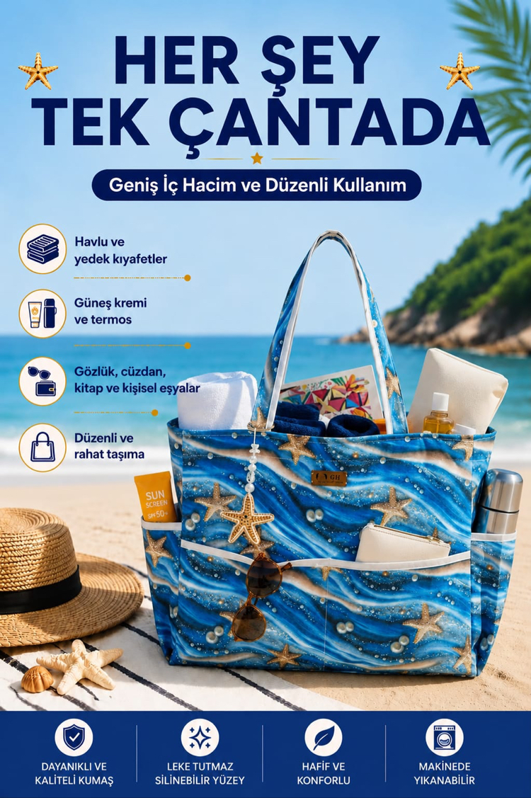 3D Dokulu İncili Deniz Yıldızı Plaj Çantası