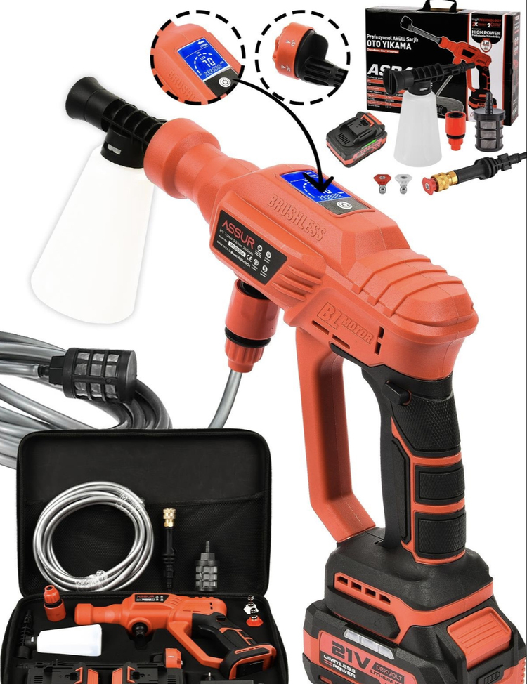 Assur 21V Kömürsüz Motor Yüksek Basınçlı Akülü Oto Araba Yıkama Makinesi Şarjlı
