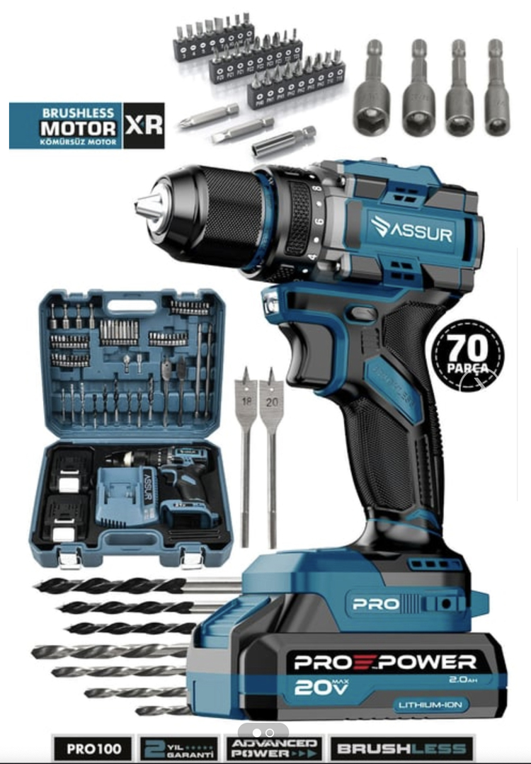 Pro 21V Çift Akü Çelik Mandren Kömürsüz Motor Darbeli Şarjlı Matkap Akülü Vidalama