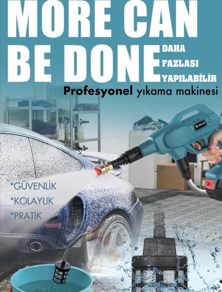 Assur 21V Kömürsüz Motor Yüksek Basınçlı Akülü Oto Araba Yıkama Makinesi Şarjlı