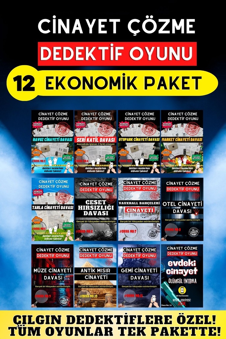 12'li Paket Cinayet Çözme - Ekonomik Paket İndirilebilir Pdf Dedektif Oyunu