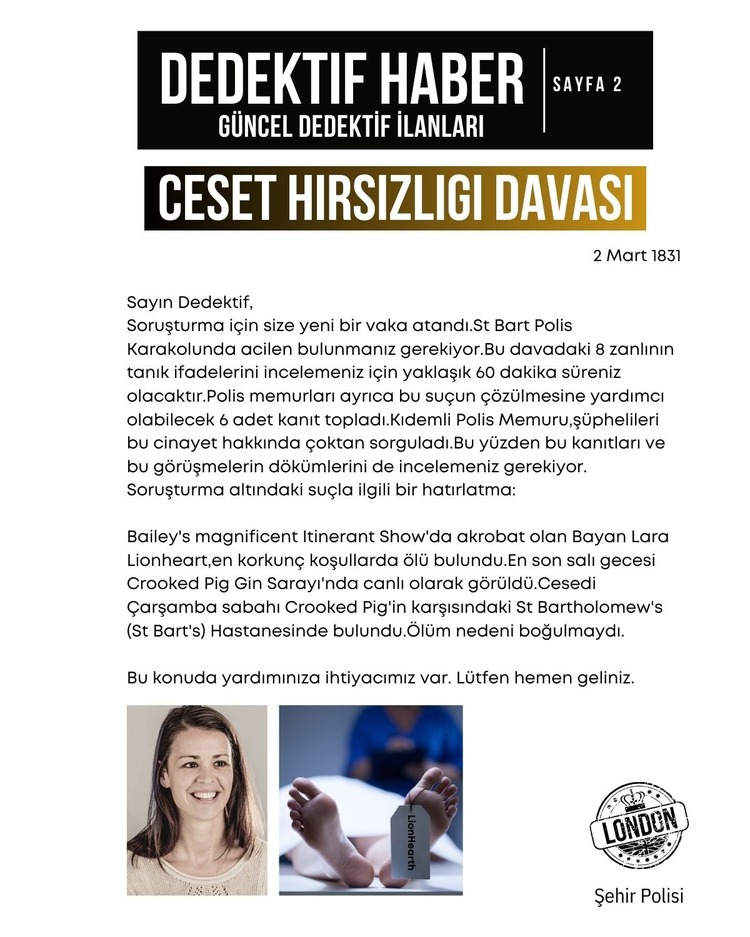 Anında Teslim (İndirilebilir) | Dijital Dedektif Oyunu Ceset Hırsızlığı Davası PDF Versiyon