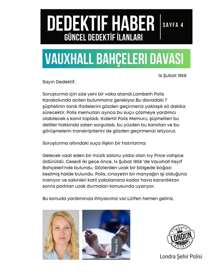 Anında Teslim (İndirilebilir) | Dijital Dedektif Oyunu VauxHall Bahçeleri Davası PDF Versiyon