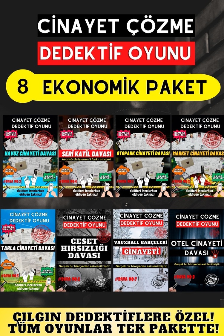 8'li Paket Cinayet Çözme - Ekonomik Paket İndirilebilir Pdf Dedektif Oyunu