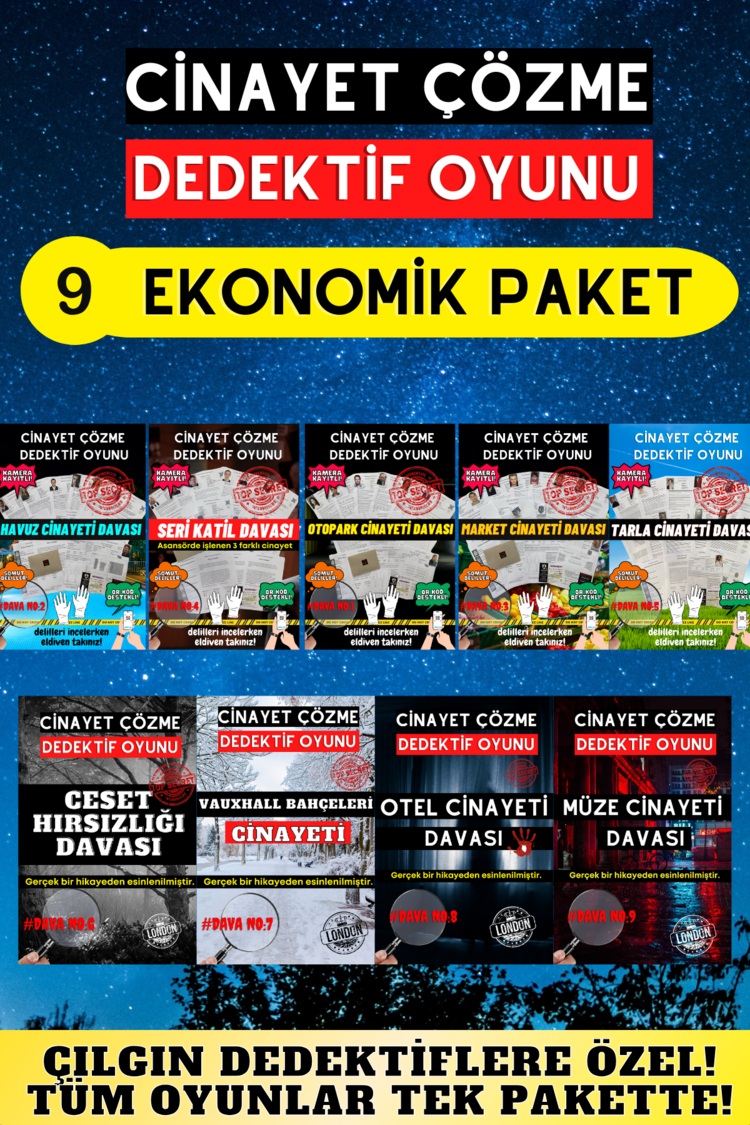 9'lu Paket Cinayet Çözme - Ekonomik Paket İndirilebilir Pdf Dedektif Oyunu