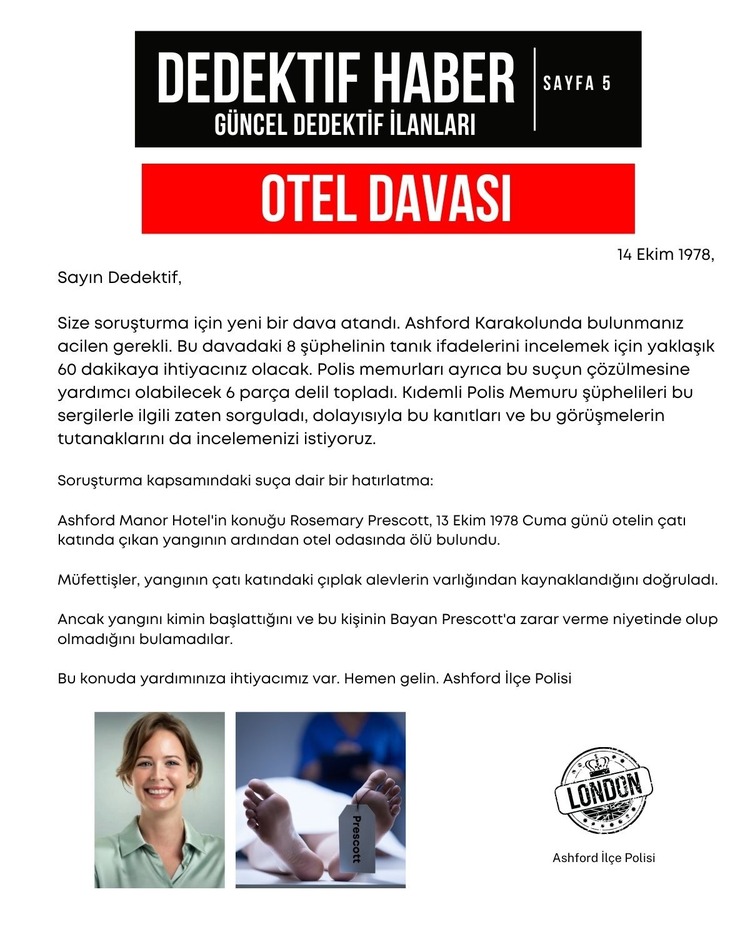 Anında Teslim (İndirilebilir) | Dijital Dedektif Oyunu Otel Davası PDF Versiyon