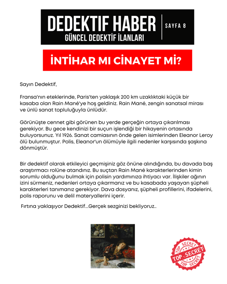 Anında Teslim (İndirilebilir) | Dijital Dedektif Oyunu Mini Dava Dosyası - Sanat Cinayeti
