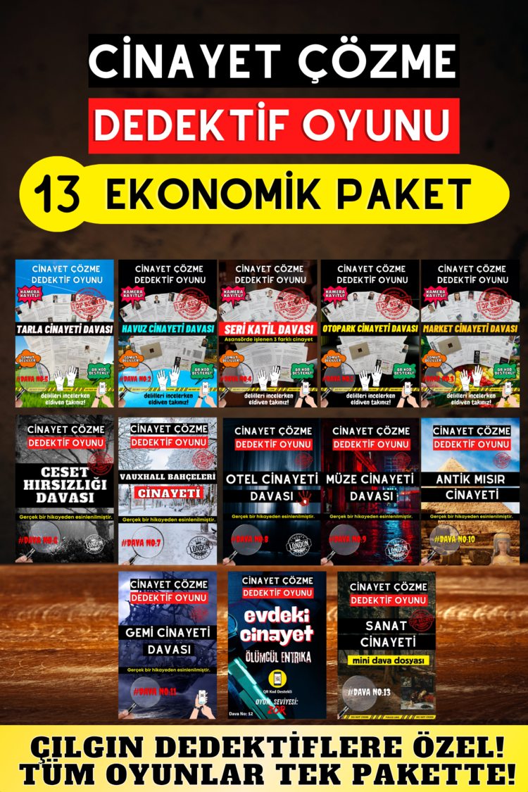 13'lü Paket Cinayet Çözme - Ekonomik Paket İndirilebilir Pdf Dedektif Oyunu