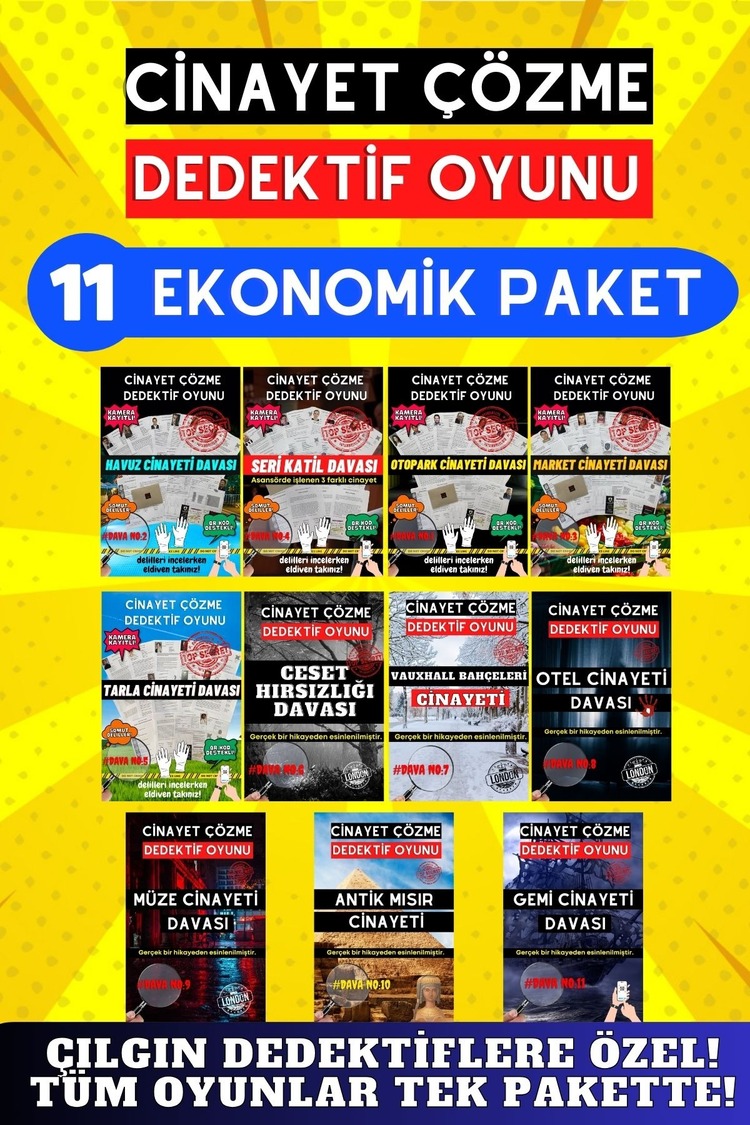 11'li Paket Cinayet Çözme - Ekonomik Paket İndirilebilir Pdf Dedektif Oyunu