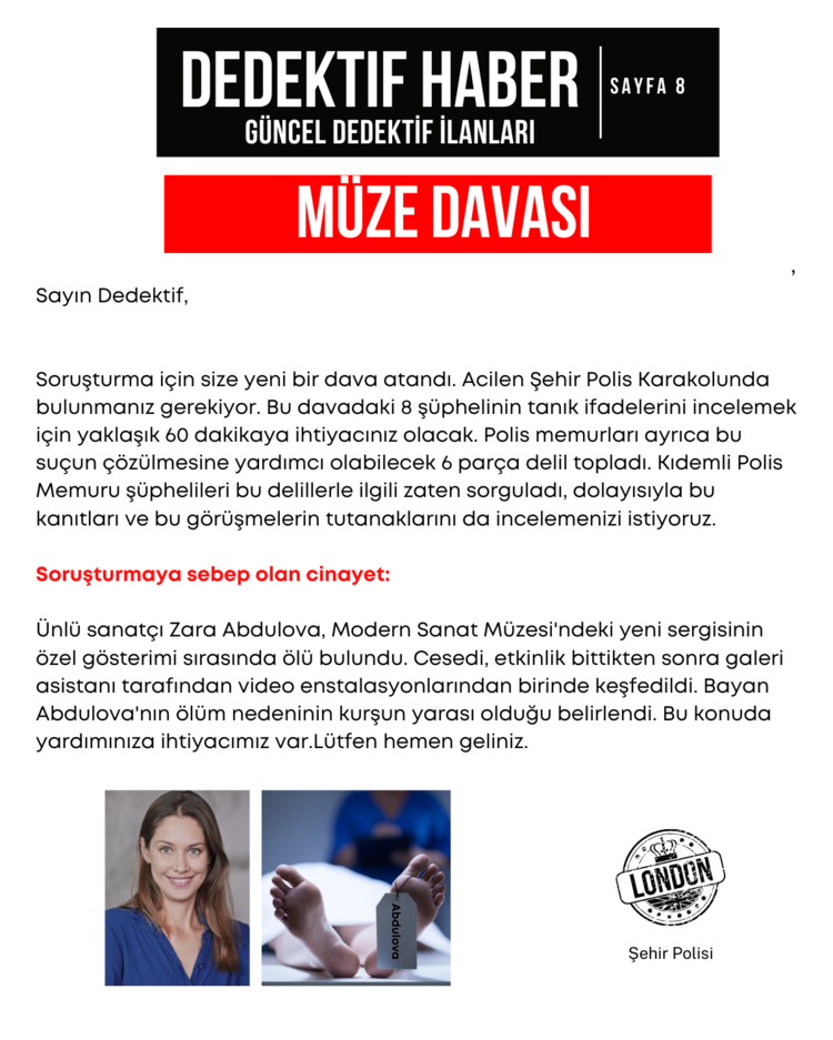 Anında Teslim (İndirilebilir) | Dijital Dedektif Oyunu Müze Davası PDF Versiyon