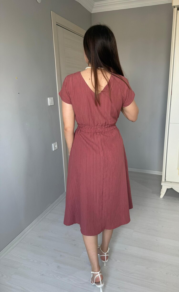 Gül Rengi Beli Lastikli Elbise