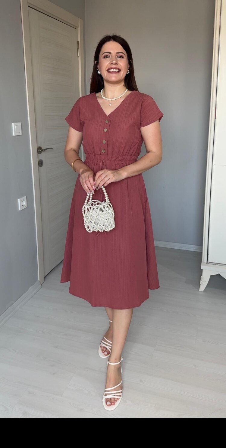Gül Rengi Beli Lastikli Elbise