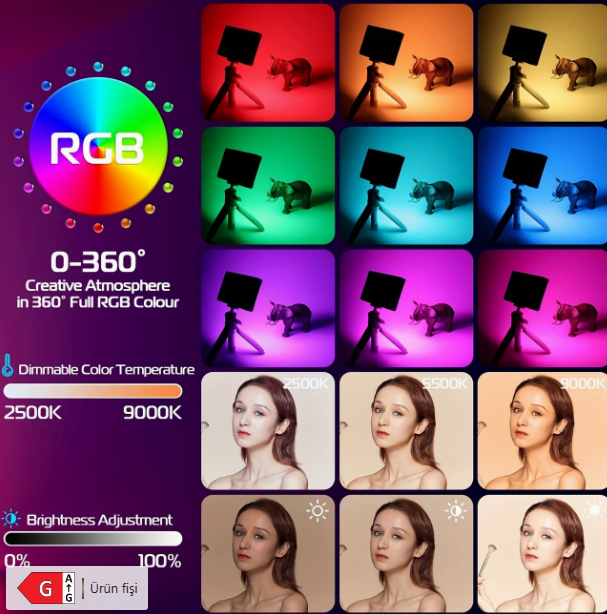 Taşınabilir RGB LED Video Işık Paneli – Tam Renkli, Şarjlı