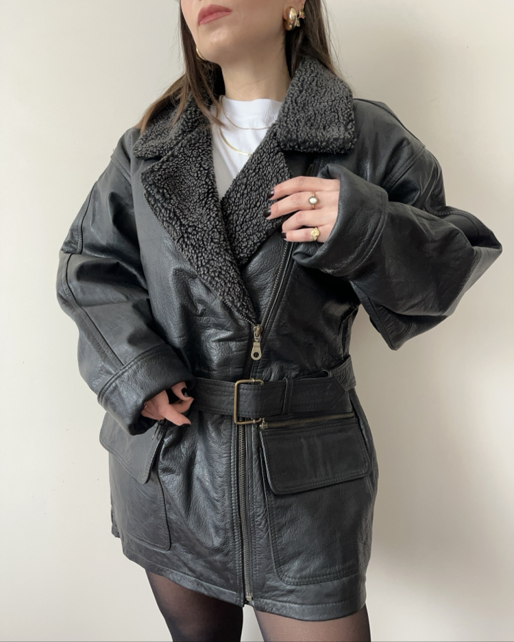 Yaka Detaylı Oversize Hakiki Deri Ceket