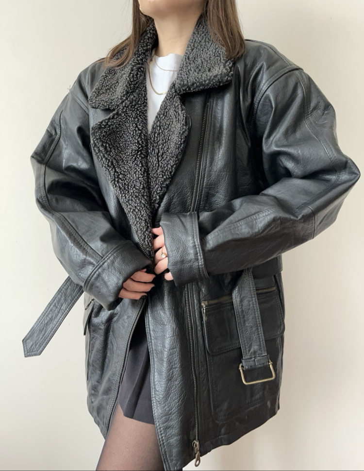 Yaka Detaylı Oversize Hakiki Deri Ceket