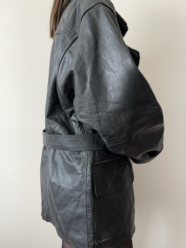 Yaka Detaylı Oversize Hakiki Deri Ceket