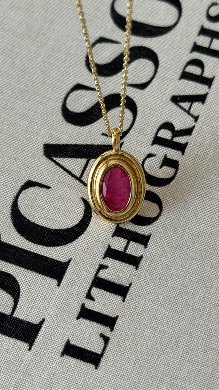 Antik oval taşlı kolye (Fuşya rengi)