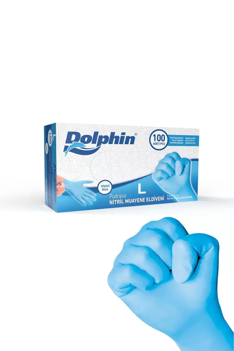 Dolphin Pudrasız Mavi Nitril Muayene Eldiveni L Beden 100 Adet