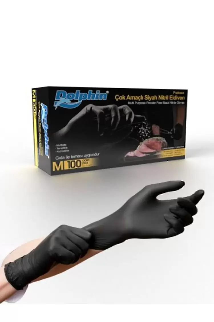 Dolphin 100 Lü Çok Amaçlı Pudrasız Nitril Eldiven Siyah M Beden