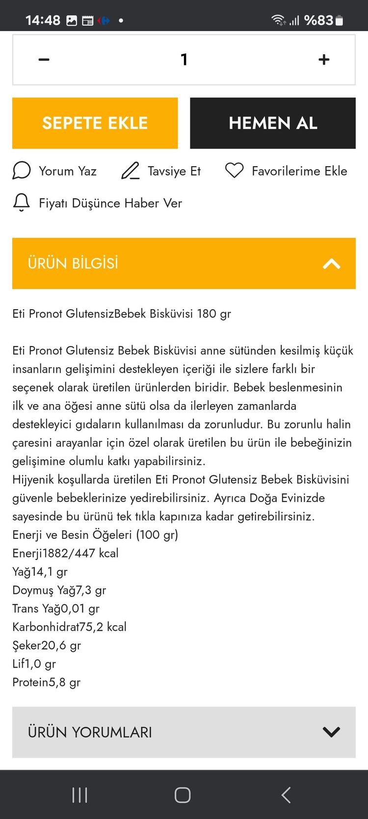 glutensiz eti pronot bebe bisküvisi 180 gr