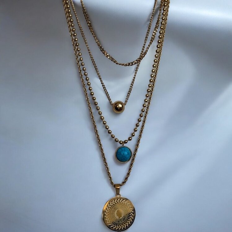 Üçlü Zincir Otantik Çelik Kolye Altın renk Ata Kolyesi